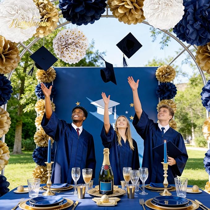 NICROLANDEE Wedding Party Decorations - 12 PCS Navy Blue and Gold Tissue Paper Pom Poms for Colleage Graduation, Baby&Bridal Shower, Birthday, Bachelorette Party, Engagement Party, Anniversary Party