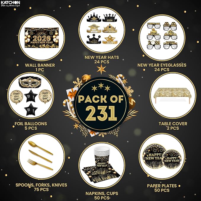 KatchOn, Huge New Years Eve Party Supplies 2026 - Pack of 231 | Wall Banner, Plates, Napkins, Tablecloth, Hats, Table Cover & Balloons For Happy New Year Decorations | New Years Eve Decorations 2026