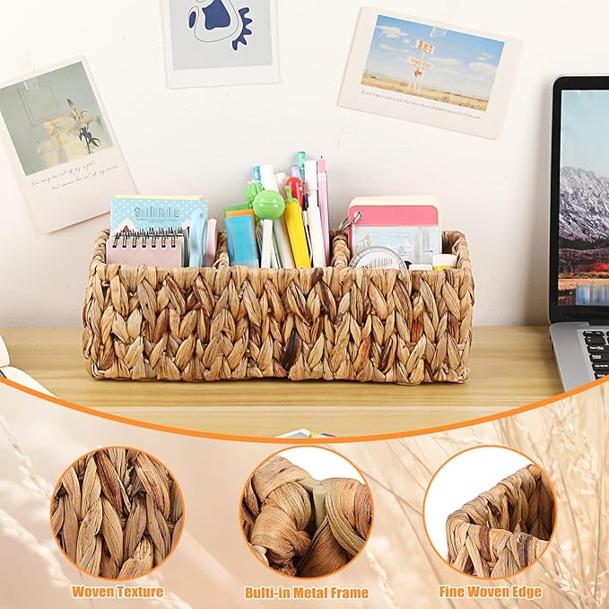 BTSKY Handwoven Remote Control Holder for Table, Natural Water Hyacinth Remote Control Caddy Small Wicker Storage Basket, 3-Compartment Office Supplies Desk Organizer Rustic Makeup Brushes Holder