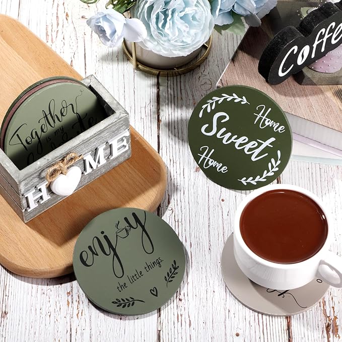 Queekay Coasters Set of 6 House Warming Gifts New Home Wooden Farmhouse Drink Coasters with Holder 4'' Funny Decoration for Kitchen Family Coffee Bar Tabletop Protection(Green)