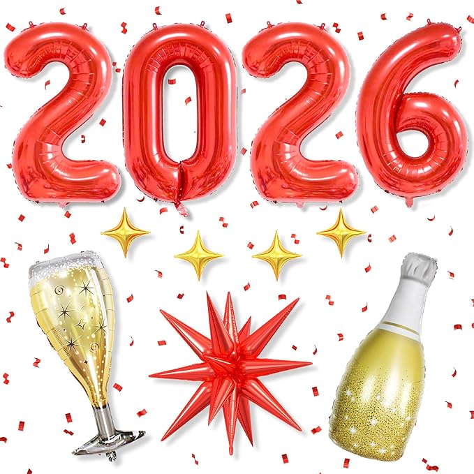 Red 2026 Balloons, 40 Inch Number 2026 Red Foil Balloons, Red and Gold Star Balloon with Champagne Bottle Glass Balloon for Happy New Years Eve Party Supplies 2026 Class of 2026 Graduation Decorations