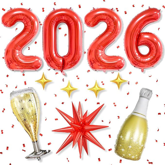 Red 2026 Balloons, 40 Inch Number 2026 Red Foil Balloons, Red and Gold Star Balloon with Champagne Bottle Glass Balloon for Happy New Years Eve Party Supplies 2026 Class of 2026 Graduation Decorations