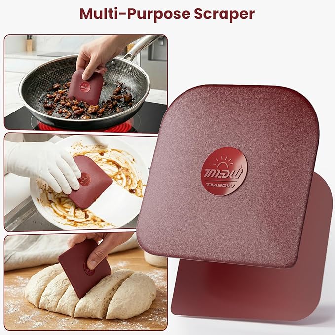 TMEDW Pan Scraper, 5 Pcs Pot Scraper, Pan Scraper Plastic, Multifunctional Scraper Tool for Kitchen, Non-Slip, Food Safe, High Heat Resistant-Red