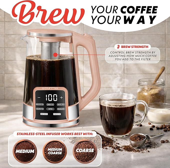 Gourmia Electric Glass Kettle – 1.7L Programmable Tea & Coffee Brewer with Digital Touch Display, 6 Presets, Removable Stainless Steel Infuser, Cordless with 360° Swivel Base, Peach