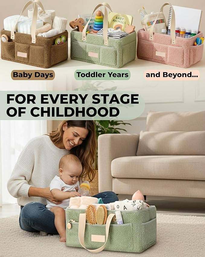 Baby Diaper Caddy Organizer with Portable Changing Mat - Teddy Fleece Diaper Organizer for Changing Table - Basket for Changing Essentials - Baby Essentials Organizer with Removable Dividers