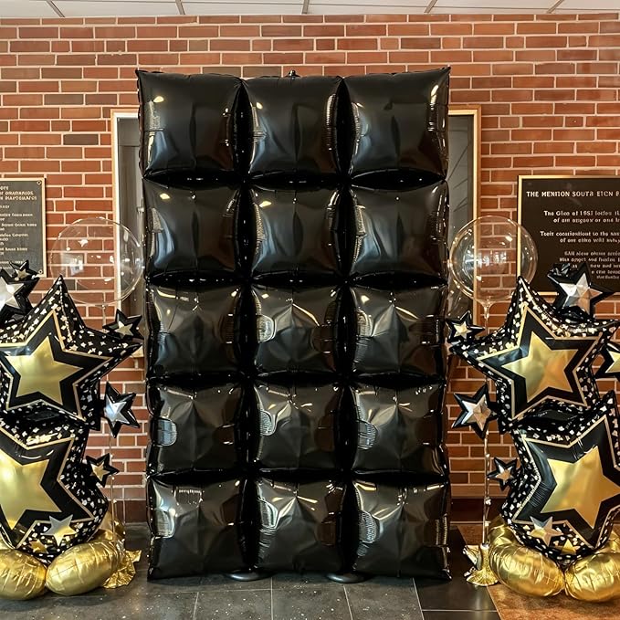 Black Gold Square Foil Balloon Wall,25Pcs Double Sided Balloon Backdrop Helium Balloons Tunnel Arch Garland Kit for 2026 New Year Eve Graduation Birthday Anniversary Party Decorations