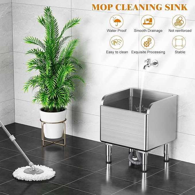 Floor Mop Sink, Commercial Floor Slop Sink, Adjustable Feet Stainless Steel Mop Service Basin, Laundry Mop Sinks for Kitchen (45x41x55cm), High Barrier Design, Seamless Welding A