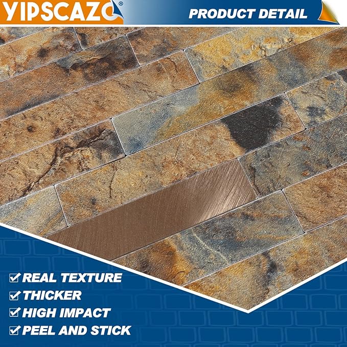 Yipscazo Peel and Stick Stone Metal Backsplash, Stick on Tiles for Backsplash Kitchen (Brown Stone Rock, 20-Pack)