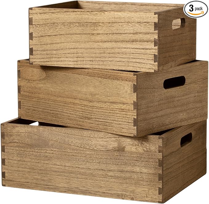 KIRIGEN Nesting Wooden Crates with Portable Handles for Home Organizer - Wood Rustic Decor Farmhouse Boxes / Basket Rolling Trays set of 3 Dark Brown