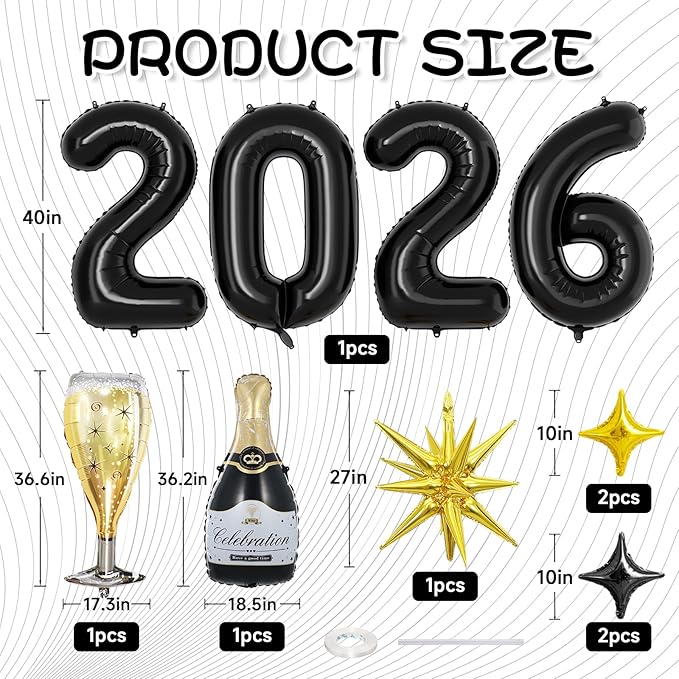 Black 2026 Balloons, 40 Inch Number 2026 Black Foil Balloons, Gold Black Star Balloon, Champagne Bottle Glass Balloon for Happy New Years Eve Party Supplies 2026 Class of 2026 Graduation Decorations