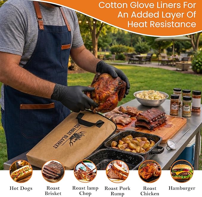 21” BBQ Meat Blanket Set with 50 Nitrile Gloves, Insulated Brisket Resting Bag with Wide Mouth for Pork Shoulder & Turkey, Large Meat Warmer, Smoker Accessories, Grill Gifts for Men Dad Husband