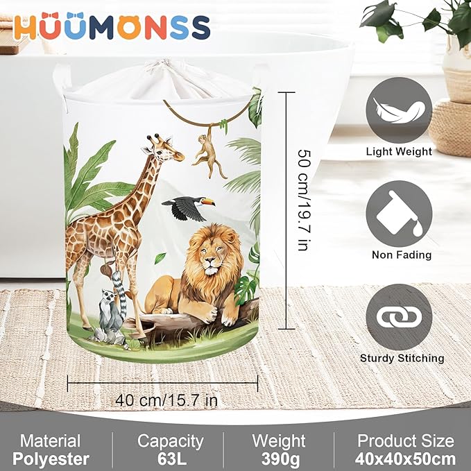 Safari Animals Baby Laundry Hamper Collapsible Clothes Kids Storage Basket Giraffe Lion Large Boys Girls Gift Toy Box Bin for Nursery, Monkey, 63L