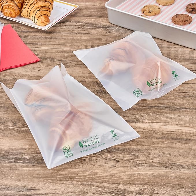 Restaurantware Cookie Bags 100 Count 10 x 8 Inch Resealable Translucent BPI-Certified Compostable Treat Bags with Lip and Tape Design for Bakeries and Pastry Shops for Candies, Cookies, and Treats