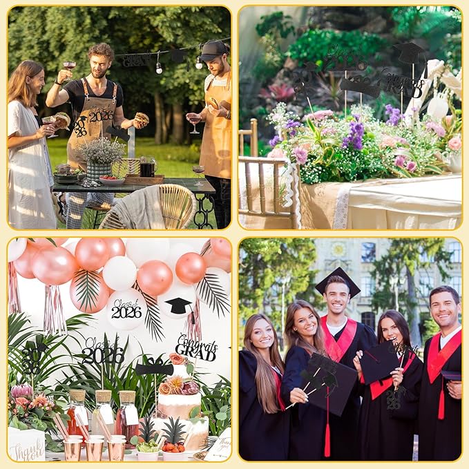 Graduation Decorations 2026, 20 PCS Sparkling Black Double-Sided Centerpiece Sticks for Tables, Class of 2026 Table Toppers and Party Supplies