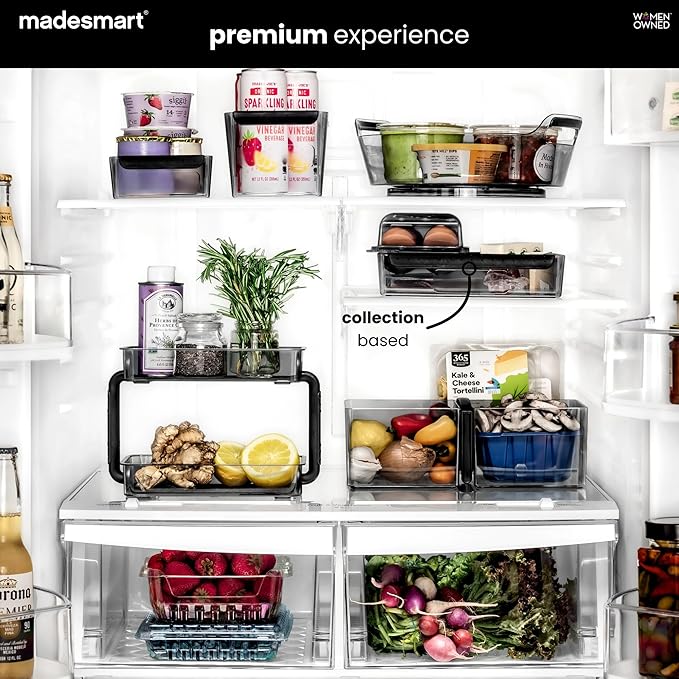 madesmart Premium Medium Fridge Bin, Organizer for Produce, Cheeses, Meats & Deli Items, Dry-Erase Label Area, Multi-Purpose Fridge Storage, Soft Grip Handles, Clear