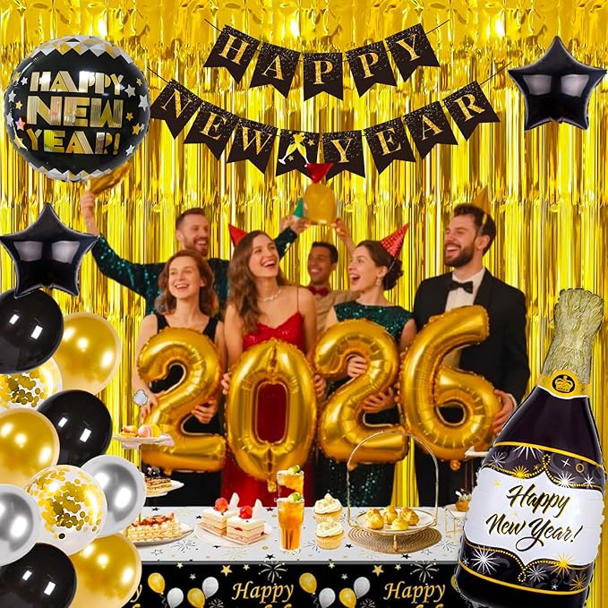 New Years Decorations 2026 Kit, Happy New Years Eve Party Supplies 2026, New Year Balloon Party Set with 2026 Foil Balloons, Happy-New-Year Banner, Fringe Curtain for 2026-New-Year Decoration