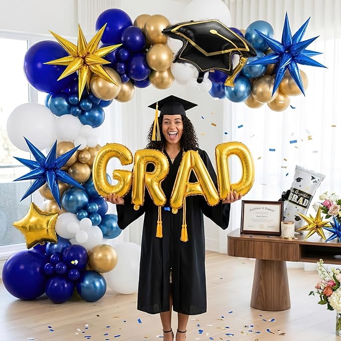 146PCS Graduation Decorations Class of 2026-Blue and Gold Balloon Arch Kit, 3D Explosive Star Foil Balloons, GRAD Letter Balloons, Graduation Cap & Diploma Foil for Congrats Grad Party Supplies