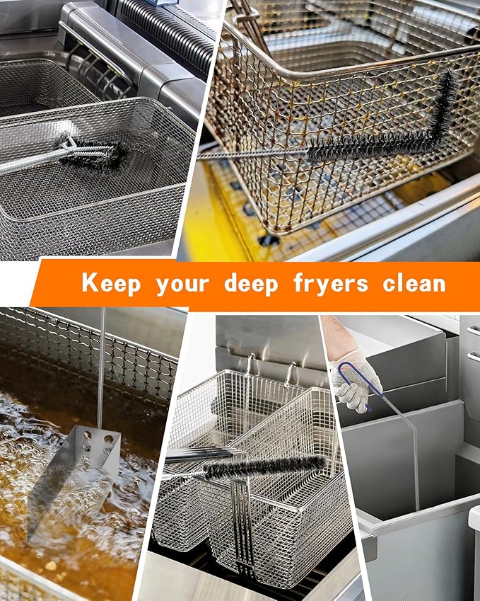 Fryer Cleaning Tool 5 Piece Set, Deep Fryer Basket Brush, Long Handle L-Shaped & Straight Crevice Cleaning Brush, Cleanout Rod Kit and V-Shaped Strainer Scoop for Commercial Kitchen, Fryer