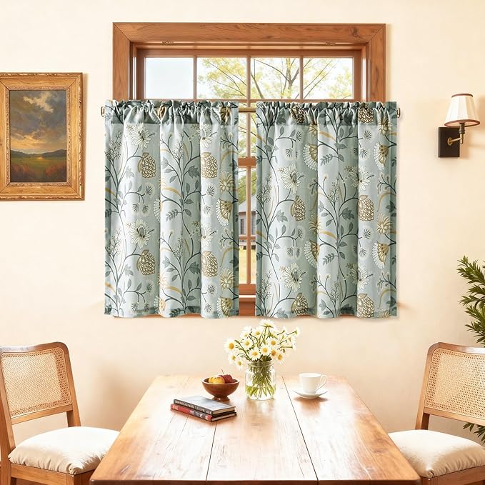 Leeva Floral Kitchen Window Curtains, Farmhouse Style Print Linen Look Cafe Curtains, Grey, 30 x 30 Inch, 2 Panels Set