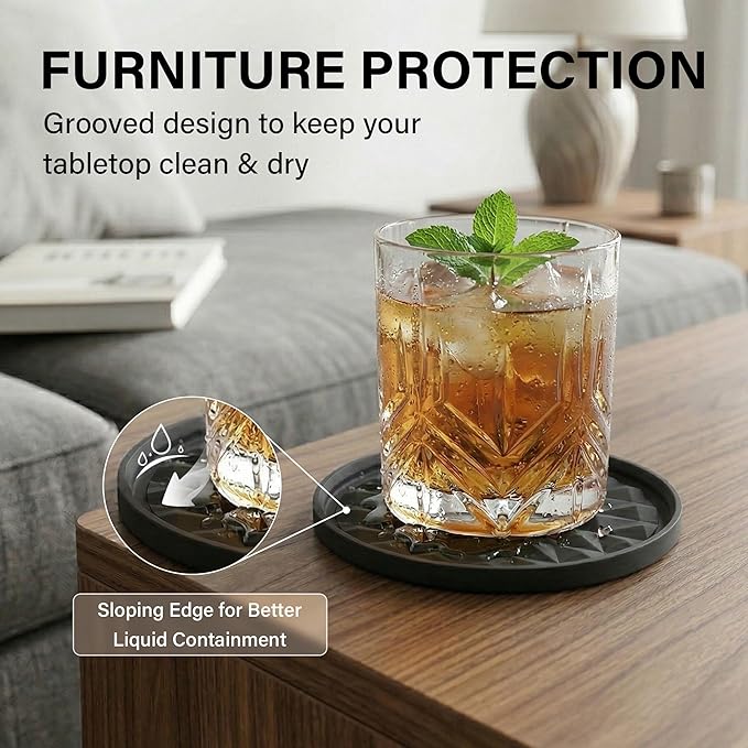 Silicone Coasters for Drinks[4 Pack]- Cup Mat for Tabletop Protection-Non-Slip, Non-Stick, Coffee Table Decor, Great Gift for Any Occasion, Black