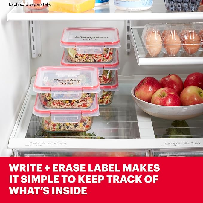 Pyrex Freshlock Glass Food Storage Container, Airtight & Leakproof Plastic Locking Lids, Freezer Dishwasher Microwave Safe, 4 Cup (Square)