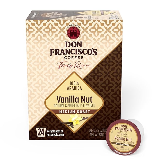 Don Francisco's Vanilla Nut Flavored Coffee Pods, 24 Count, Medium Roast, Compatible with Keurig Brewers