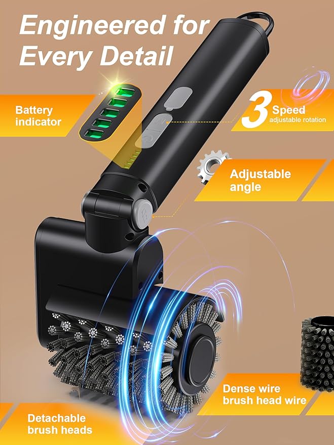 Electric Grill Brush, 3-Speed Power Control Grill Brush for Outdoor Grill, Rechargeable BBQ Grill Brush, Cordless Grill Cleaning Brush with 2 Brush Head & Scouring Pad, Gifts for Men/Dad