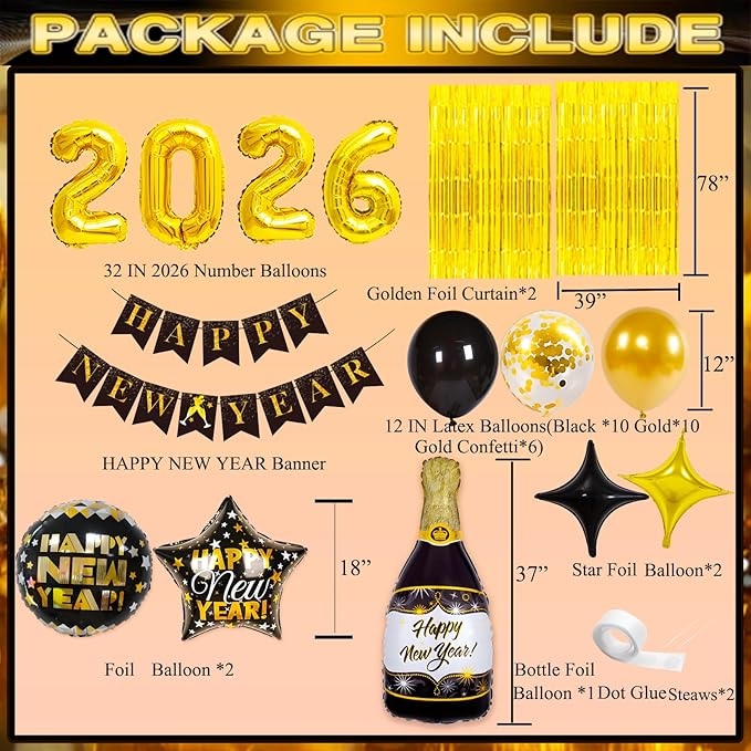 2026 Happy New Year Balloons Decorations Kit, 2026 New Years Eve party supplies, New Years Decorations 2026 Set with 2026 Foil Balloons Happy New Year Banner Champagne Curtains Backdrop for NYE Decor