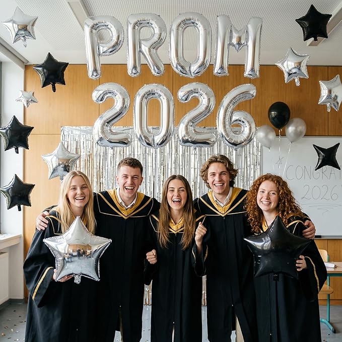 Prom 2026 Balloons Banner, 16 inch Silver letter Balloons Prom 2026 Sign Decoration with Silver Star Balloon for Class of 2026 Congrats Grad Party Birthday Retirement Graduation Party Supplies