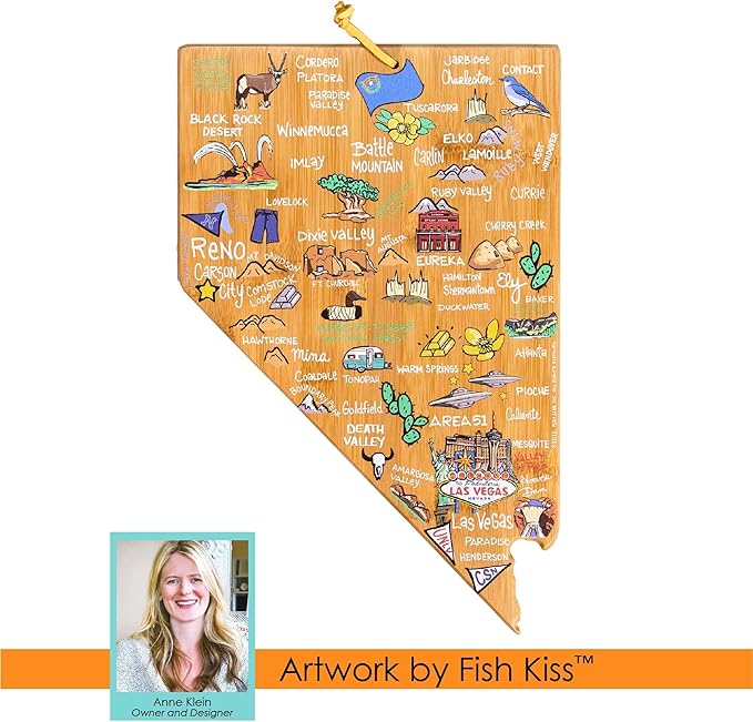 Totally Bamboo Nevada State Shaped Cutting Board and Charcuterie Serving Platter with Artwork by Fish Kiss, Includes Hang Tie for Wall Display