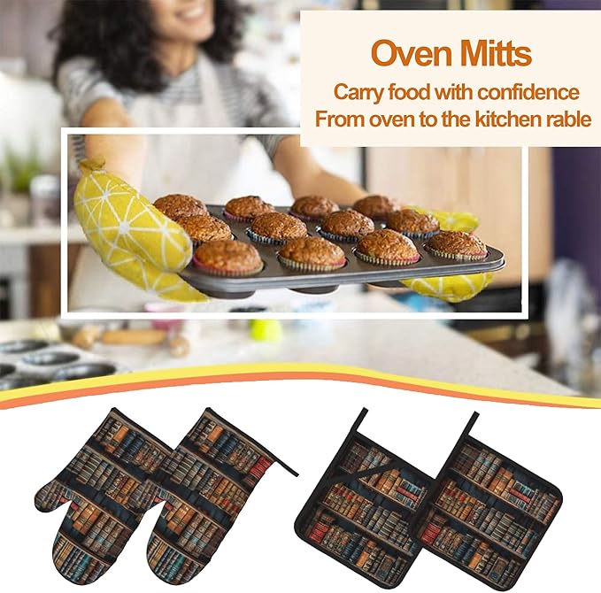 Vintage Books Oven Mitts and Heat Resistant Pads - Heat Resistant Gloves Potholder Set of 4 for Cooking, BBQ, Gifts for Women