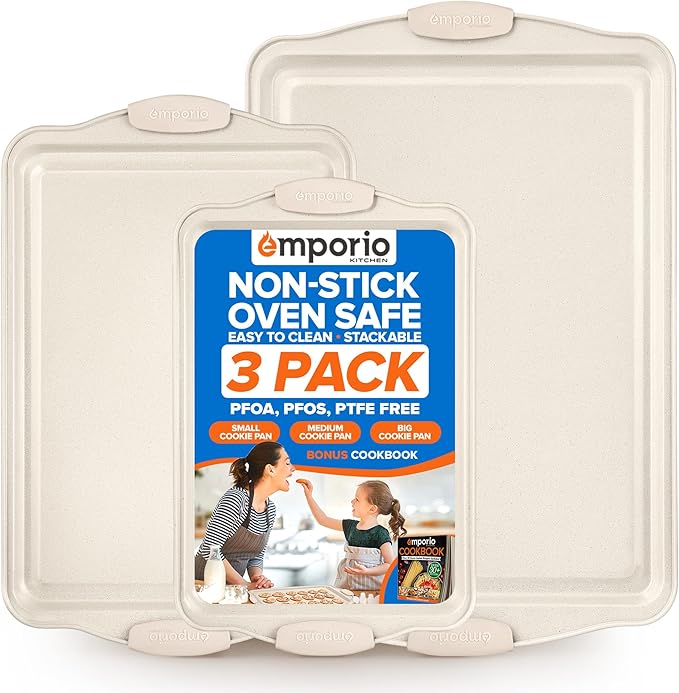 Emporio Kitchen Baking Pan Set - Nonstick Coating, Carbon Steel Bakeware Set with White Silicone Handle, PFOA, PFOS, PTFE Free, Recipe Booklet Included, Oven Safe Tray (Up To 450° F), Set of 3 - White