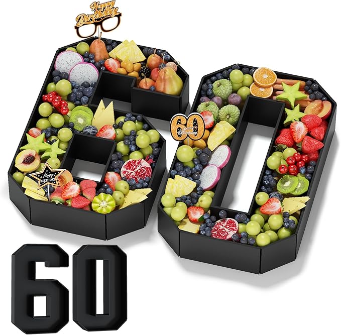 60 Cardboard Numbers for Charcuterie Numbers Fillable 13.8'' Black Paper Mache Number Shaped Cupcake Pans Board Box Trays Container for Food Candy 60th Birthday Party Decorations Anniversary