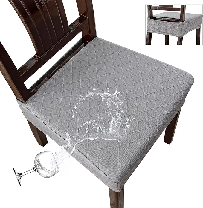 Genina Waterproof Seat Covers for Chairs,Set of 4 Dining Room Chair Seat Covers for Kitchen,Stretch Jacquard Removable Washable Dining Chair Slipcovers Protectors,No Rear Covers, Light Grey