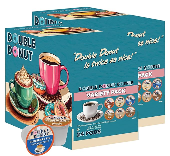 Double Donut Coffee Variety Pack Assorted Medium Roast, Dark Roast & Flavored Coffee in Recyclable Single Serve Cup, 48 Count