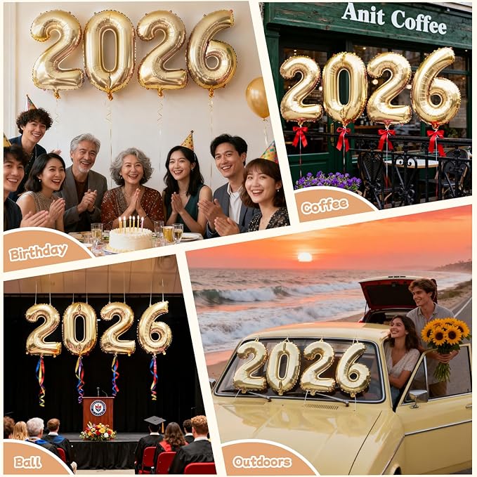 Champagne Gold 2026 Balloons, Jumbo 40 Inch Foil 2026 Number Balloons, Grad Balloons for Class of 2026 Graduation Party, Champagne Gold Matellic Foil New Year Birthday Home Office Party Supplies