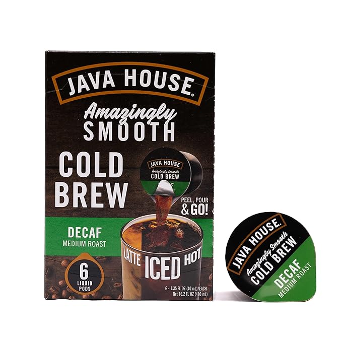 JAVA HOUSE Decaf Medium Roast Cold Brew Capsules, 1.35 Fluid Ounces (6 Count) Peel and Pour, TSA Approved, Travel Friendly Cold Brew, Hot or Iced, Instant Coffee Concentrate