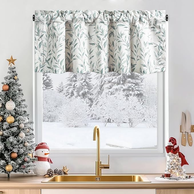 Leeva Farmhouse Leaves Print Semi-Blackout Curtains Valances - Rod Pocket Valance for Kitchen, Laundry, Bedroom & Living Room, 52 x 18 Inch, Blue, One Panel