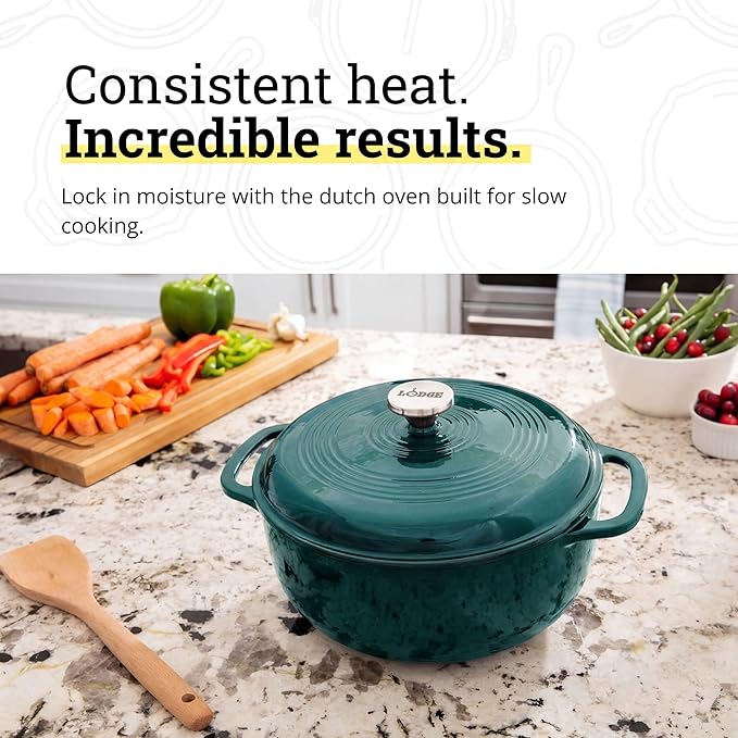Lodge Essential Enamel Cast Iron Dutch Oven - Perfect for Bread Baking, Braising, Marinating & Slow Cooking - Features Moisture-Sealing Lid & Dual Handles - Kitchen Essentials - 6 Quarts - Lagoon
