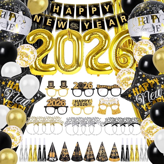 New Years Eve Party Supplies 2026, Black Gold Happy New Years Decorations Set Happy New Year Banner Hats Glasses Blowouts Curtains Latex Balloons 2026 Numbers Balloons for NYE Celebration