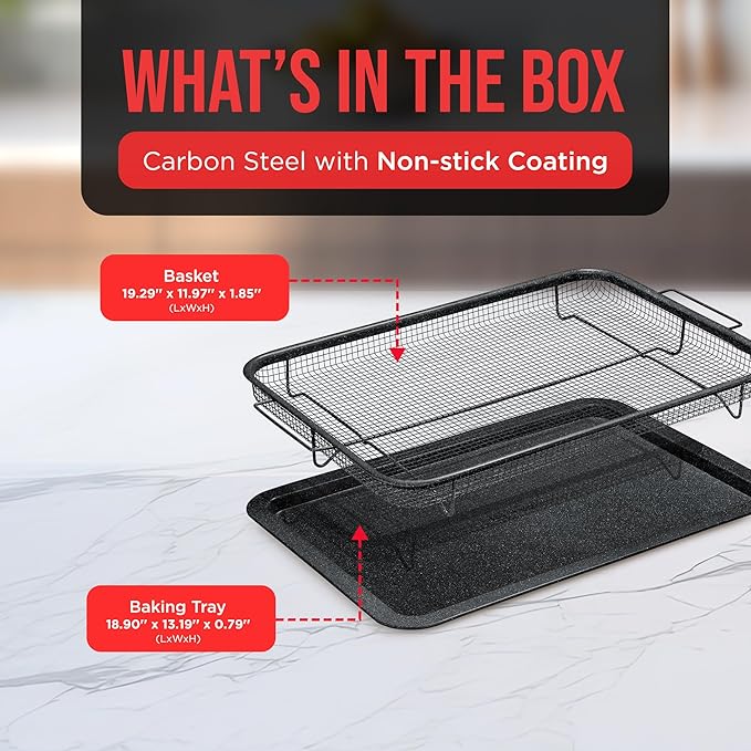Bakken- Swiss Crisper Tray Gray marble Coating - 2-Piece Set, Non-Stick Basket Design for Healthier Cooking in Regular Ovens - Make Great Crispy Food, Bacon and More, Extra Large Size 19" x 13"