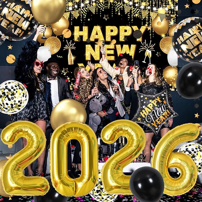KALOR New Years Eve Party Supplies 2026 Set, 70 Pack - Gold and Black New Year Banner, Gold 2026 Number Balloons Backdrop 2026 for New Year Eve Decorations