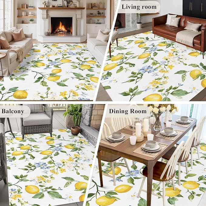 Area Rug 6x9ft, Summer Watercolor Lemon Flower Washable Rugs for Living Room Bedroom, Spring Farm Fruit Green Leaf Soft Non-Slip Area Rugs Rectangle Floor Carpet for Dining Room