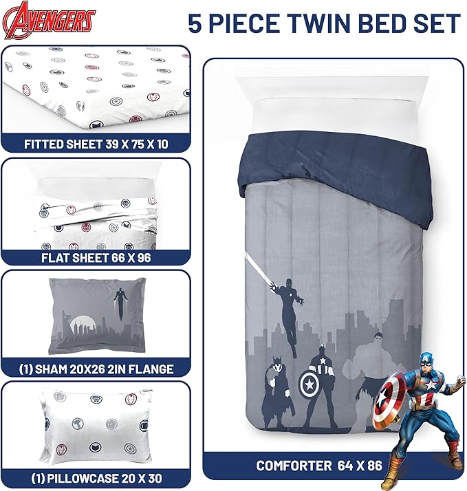 Jay Franco Marvel Avengers Twin Size Comforter Set - 5 Piece Bedding Includes Sheet Set & Pillow Covers - Super Soft Cozy Bedding with Captain America, Hulk, Iron Man and Thor