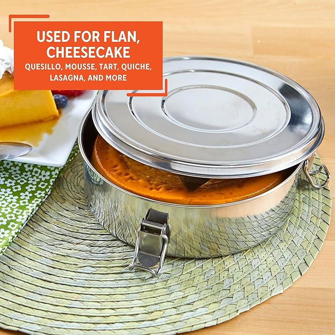 IMUSA 1.5Qt Stainless Steel Flan Mold with Lid, Round Baking Pan for Flan, Cheesecake, Pudding, and Desserts, Silver