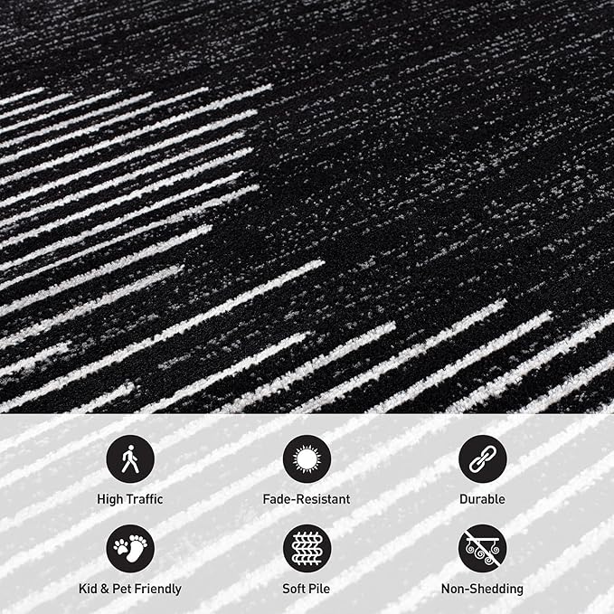Rugshop Bohemian Stripe Stain Resistant High Traffic Living Room Kitchen Bedroom Dining Home Office Round Area Rug 8' Black