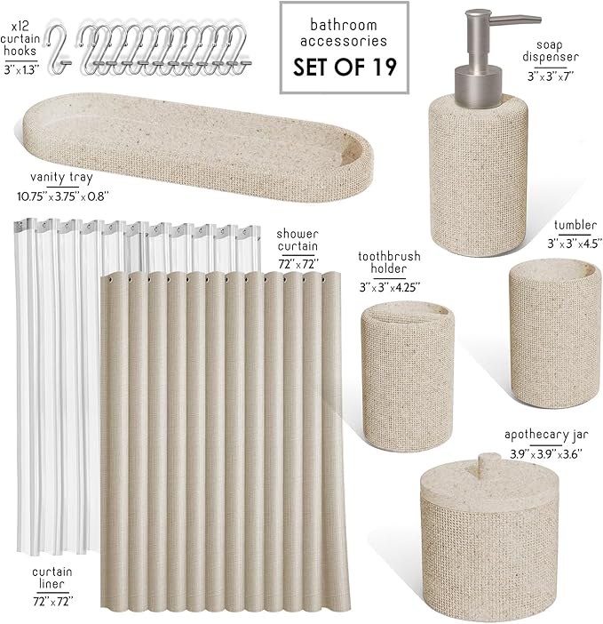 Clara Clark Bathroom Set - Beige Bathroom Accessories Set, 19PC Bathroom Accessory Set, Bathroom Sets with Shower Curtain Set, Soap Dispenser & Toothbrush Holder