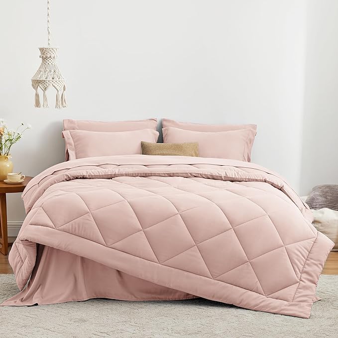 Love's cabin King Size Comforter Set Pink, 7 Pieces King Bed in a Bag, All Season Bedding Sets with 1 Comforter, 1 Flat Sheet, 1 Fitted Sheet, 2 Pillowcase and 2 Pillow Sham | Soft, Breathable, Lightweight, Comfortable