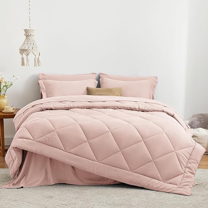 Love's cabin Queen Comforter Set Pink, 7 Pieces Queen Bed in a Bag, All Season Bedding Sets with 1 Comforter, 1 Flat Sheet, 1 Fitted Sheet, 2 Pillowcase and 2 Pillow Sham | Soft, Breathable, Lightweight, Comfortable