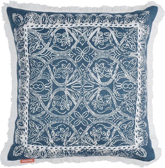 Indigo Ink Navy & Blue Decorative Pillow - 20" x 20" | Square Throw Cushion for Couch, Chair, Bed | Textured Cotton Cover | Cozy Classic Home Decor | Soft Plush Filling | White Denim Collection